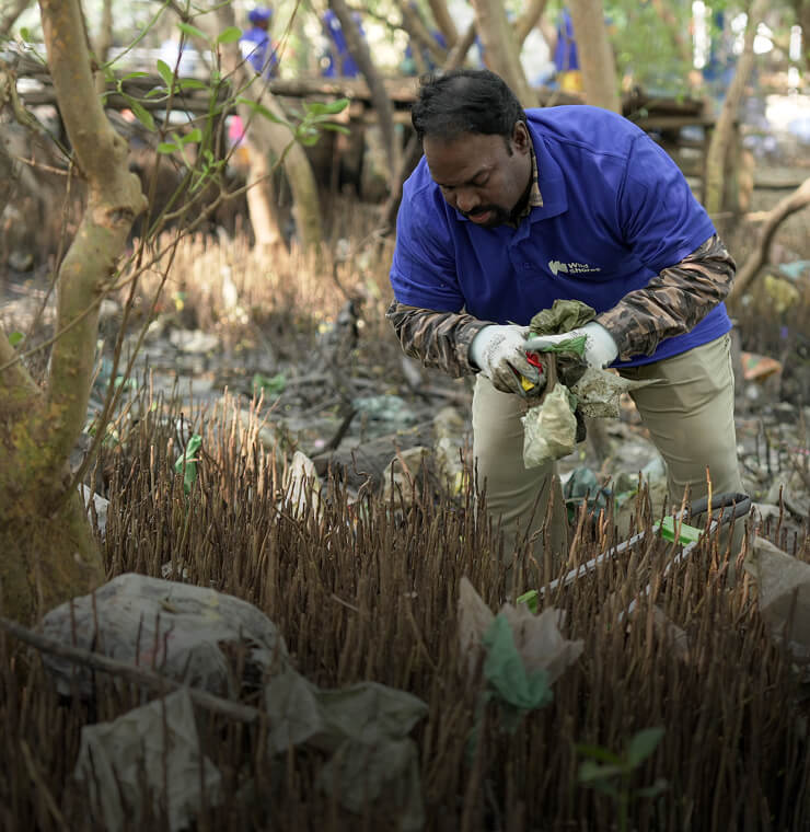 A man participating in a cleanup, collecting trash from nature with Wildshores