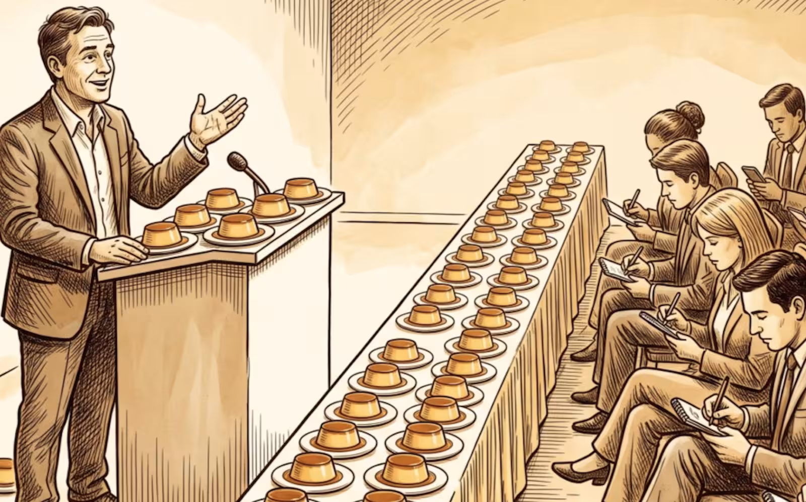 Illustration of a speaker at a lectern addressing an audience, with rows of flans on tables.