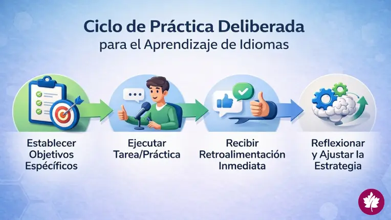 Infografía Cómo aprovecharlo al máximo un curso presencial de inglés. Presenta cuatro recomendaciones con iconos ilustrativos: 1. Establecer objetivo específicos. 2. Ejecutar Tarea o práctica. 3. Recibir retroalimentación inmediata. 4. Reflexionar y ajustar la estrategia.