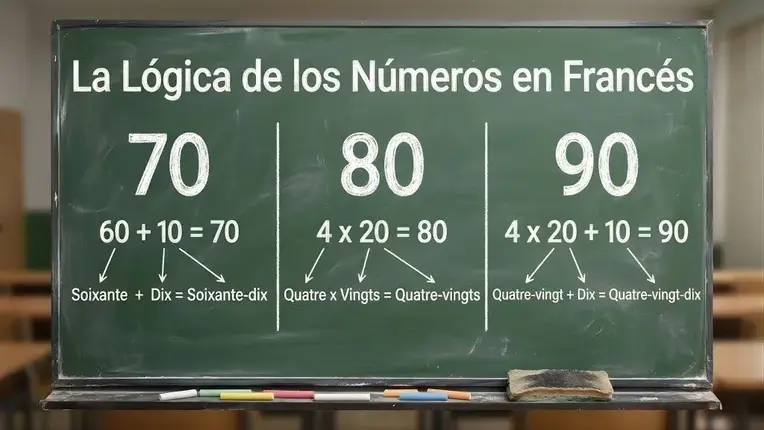 Pizarra verde escolar con un gráfico didáctico titulado "La Lógica de los Números en Francés". El esquema explica mediante sumas y multiplicaciones la formación de las decenas complejas con tiza blanca: el número 70 como "60 + 10 = Soixante-dix", el 80 como "4 x 20 = Quatre-vingts" y el 90 como "4 x 20 + 10 = Quatre-vingt-dix".