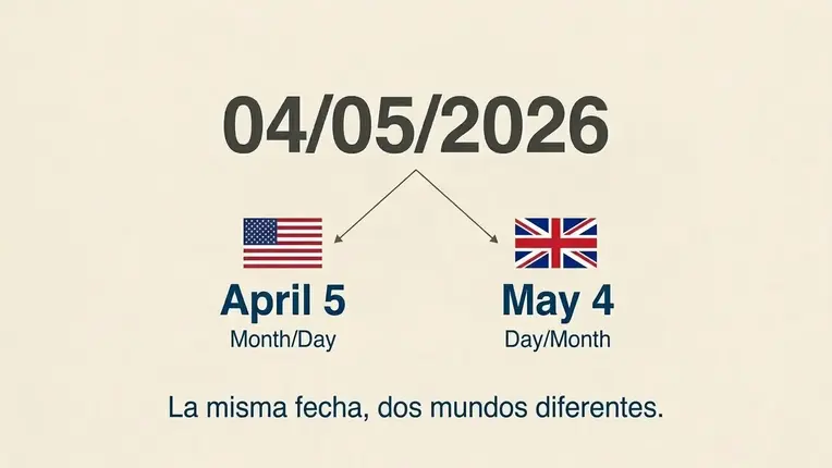 Infografía que explica cómo se escriben las fechas en inglés utilizando el ejemplo "04/05/2026". Dos flechas dividen su interpretación: a la izquierda, bajo la bandera de EE. UU., se lee "April 5 (Month/Day)", y a la derecha, bajo la bandera de Reino Unido, se lee "May 4 (Day/Month)".