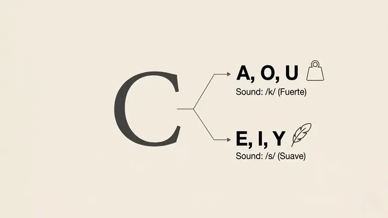 Infografía sobre la pronunciación de la letra "C" en inglés. Una gran letra "C" con dos opciones de sonido: la de arriba muestra las vocales "A, O, U" con un icono de una pesa y el texto "Sound: /k/ (Fuerte)"; la de abajo muestra las vocales "E, I, Y" acompañadas por el icono de una pluma y el texto "Sound: /s/ (Suave)".
