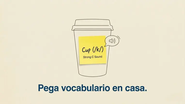 Ilustración lineal de un vaso de café para llevar que tiene pegada una nota adhesiva amarilla con la palabra "Cup (/k/)" y la frase "Strong C Sound" (Sonido fuerte de la C), junto a un pequeño icono de altavoz. En la parte inferior de la imagen se lee el texto en azul "Pega vocabulario en casa."