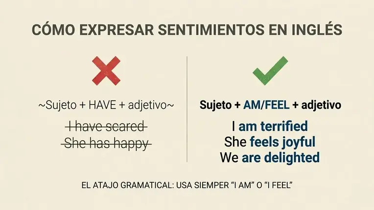 Infografía titulada "CÓMO EXPRESAR SENTIMIENTOS EN INGLÉS". Compara un error común a la izquierda (marcado con una X roja): usar "Sujeto + HAVE + adjetivo" tachando ejemplos como "I have scared"; frente a la estructura correcta a la derecha (marcada con un check verde): "Sujeto + AM/FEEL + adjetivo", mostrando ejemplos como "I am terrified" y "She feels joyful". En la parte inferior añade la nota: "EL ATAJO GRAMATICAL: USA SIEMPRE 'I AM' O 'I FEEL'".
