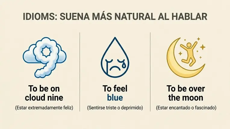 Infografía titulada "IDIOMS: SUENA MÁS NATURAL AL HABLAR" que enseña tres modismos sobre emociones en inglés. De izquierda a derecha muestra: una nube con el número 9 para "To be on cloud nine" (Estar extremadamente feliz); una gota de agua llorando para "To feel blue" (Sentirse triste o deprimido); y una persona saltando sobre una luna creciente para "To be over the moon" (Estar encantado o fascinado).