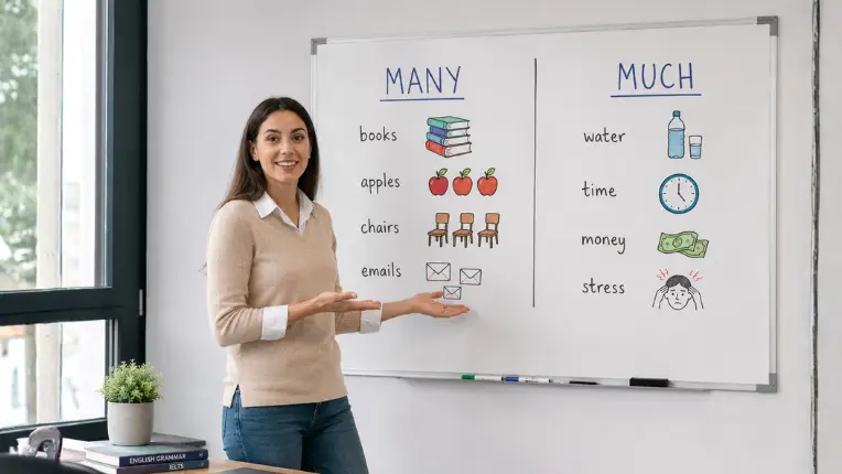 Profesora de inglés explicando la diferencia entre sustantivos contables e incontables en inglés frente a un tablero dividido en "Many" y "Much", con ejemplos ilustrados de books, apples, chairs, emails, water, time, money y stress