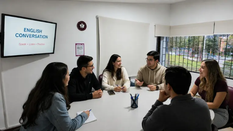 Fotografía de un grupo de estudiantes conversando en círculo alrededor de una mesa en un salón de clases. Al fondo, una pantalla muestra el título "ENGLISH CONVERSATION: Speak • Listen • Practice", ilustrando métodos para aprender inglés basados en la interacción y la práctica oral.