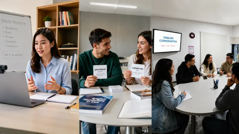 Collage de tres fotografías que muestran distintos métodos para aprender inglés. A la izquierda, una mujer practica una presentación en inglés frente a su ordenador portátil. En el centro, una pareja de estudiantes repasa vocabulario con tarjetas didácticas ("flashcards"). A la derecha, un grupo de alumnos practica su expresión oral en una mesa de conversación guiada por una pantalla.