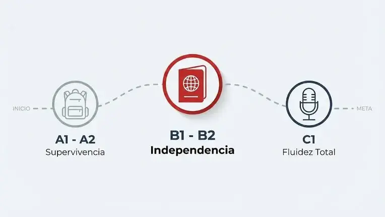 Gráfico que ilustra una ruta de aprendizaje desde "Inicio" hasta "Meta" para evaluar el nivel de inglés. Muestra tres etapas consecutivas: "A1 - A2 Supervivencia" representado por el icono de una mochila, "B1 - B2 Independencia" destacado en el centro con un pasaporte rojo, y "C1 Fluidez Total" ilustrado con un micrófono.