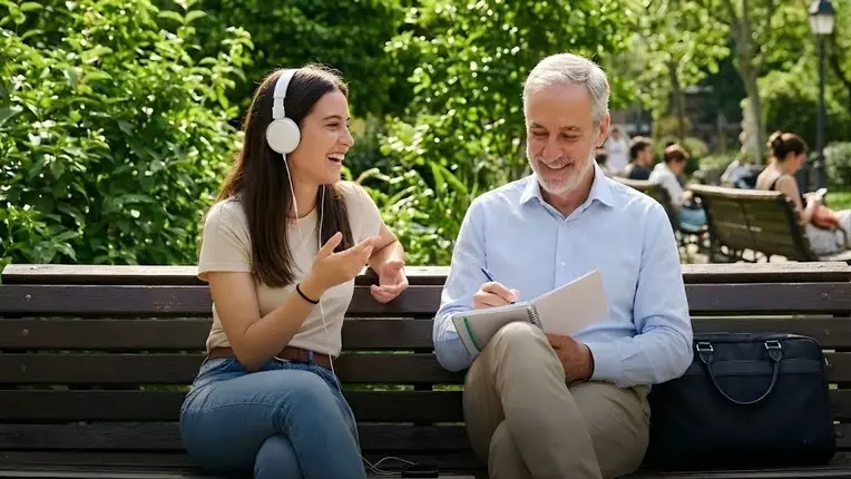 Un hombre mayor toma notas en una libreta mientras evalúa a una joven sonriente que lleva auriculares blancos, sentados juntos en un banco de madera al aire libre en un parque, representando la aplicación de un test o examen de nivel de inglés oral.