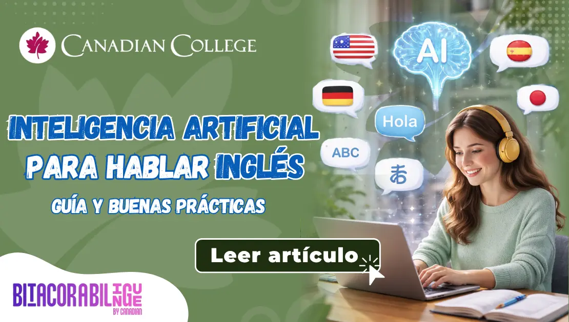 Joven con auriculares y laptop junto a gráficos de IA y banderas, ilustrando el aprendizaje con la IA para hablar inglés