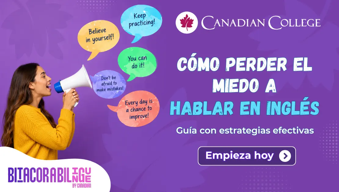 Banner titulado "Cómo perder el miedo a hablar en inglés", con una mujer usando un megáfono y globos de diálogo motivacionales en inglés
