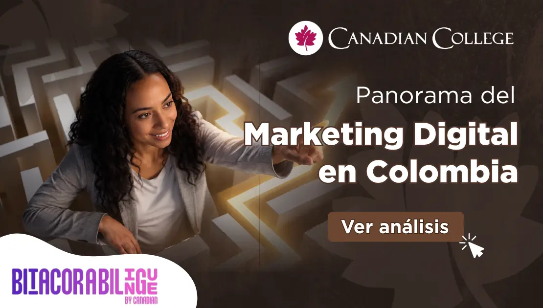Banner que muestra a una mujer señalando un camino iluminado en un laberinto con el texto "Panorama del Marketing Digital en Colombia"