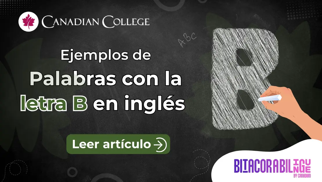 Banner que muestra una mano dibujando una gran letra B con tiza sobre un tablero escolar con el texto "Ejemplos de Palabras con la letra B en inglés"