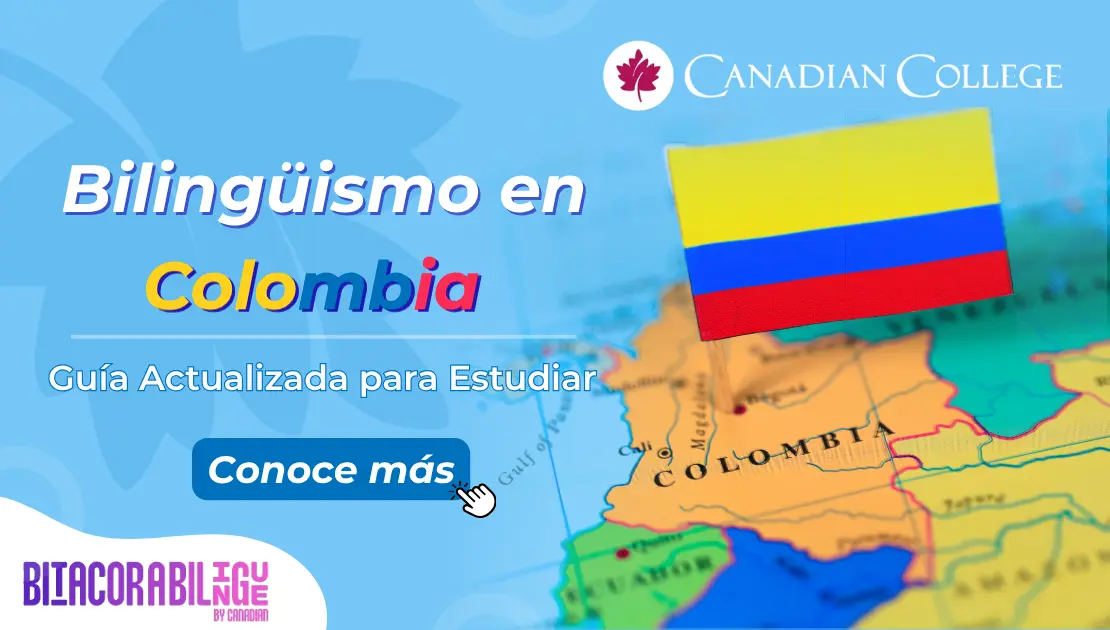 Banner sobre un mapa de Sudamérica con una bandera colombiana y el texto Bilingüismo en Colombia Tendencias actuales.