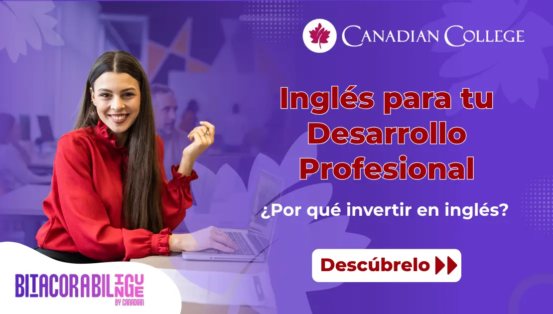 Banner que muestra a una mujer con camisa roja trabajando en su computador portátil junto al texto "Inglés para tu Desarrollo Profesional"