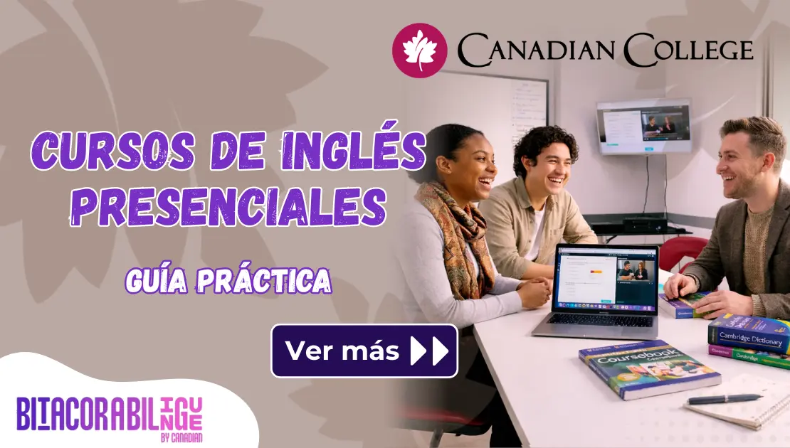 Banner que muestra a tres estudiantes sonriendo en un salón de clases interactivo, junto al texto Cursos de Inglés Presenciales: Guía Práctica