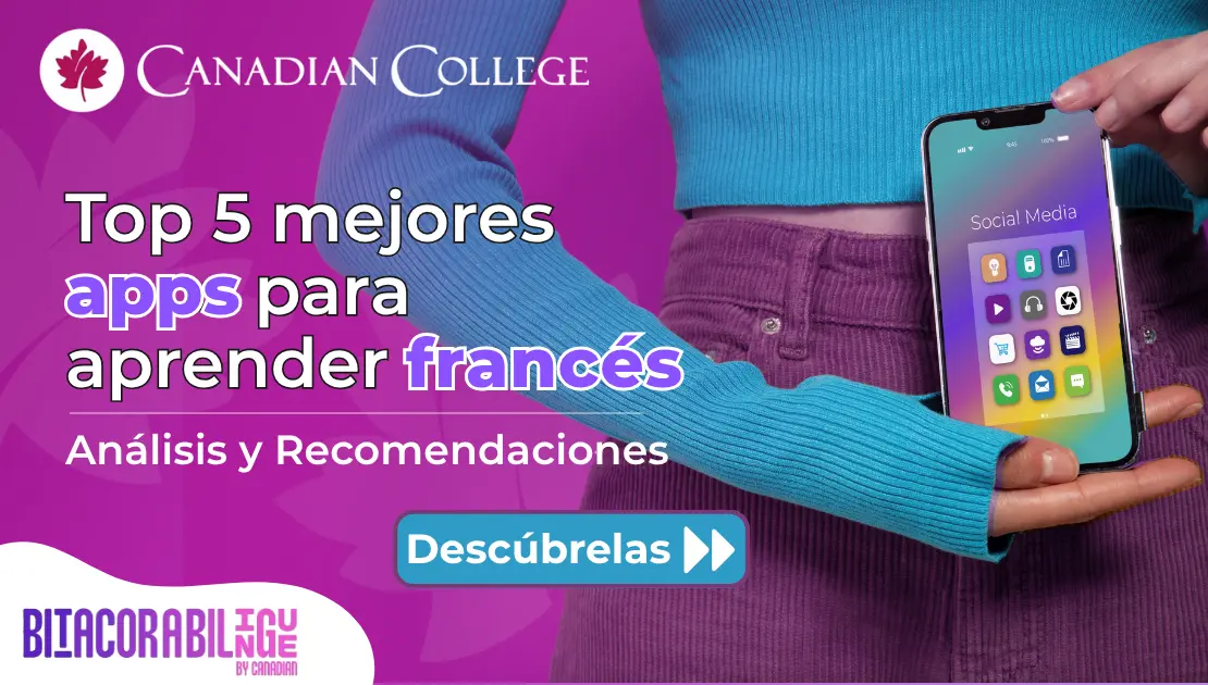 Banner que muestra el torso de una persona con saco azul sosteniendo un celular con iconos en la pantalla, junto al texto "Top 5 mejores apps para aprender francés."