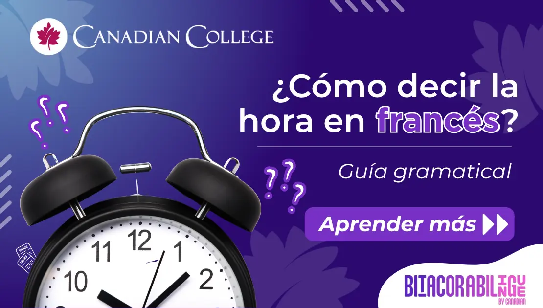 Banner que muestra la parte superior de un reloj despertador clásico negro rodeado de signos de interrogación, junto al texto "¿Cómo decir la hora en francés? Guía gramatical."
