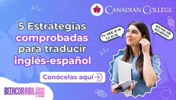 Banner con una estudiante y burbujas de texto traduciendo "TO SEE EYE TO EYE" como "ESTAR DE ACUERDO", junto al título "5 Estrategias comprobadas para traducir inglés-español"