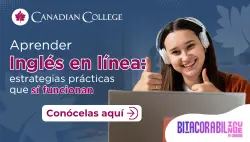 Banner con estudiante sonriente con audífonos frente a su computador haciendo el gesto de aprobación, junto al texto "Aprender Inglés en línea"
