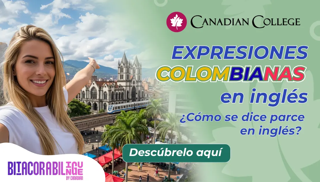 Banner con Mujer tomándose una selfie con el Metro de Medellín y la Iglesia del Señor de las Leyes de fondo, junto al texto "EXPRESIONES COLOMBIANAS en inglés."