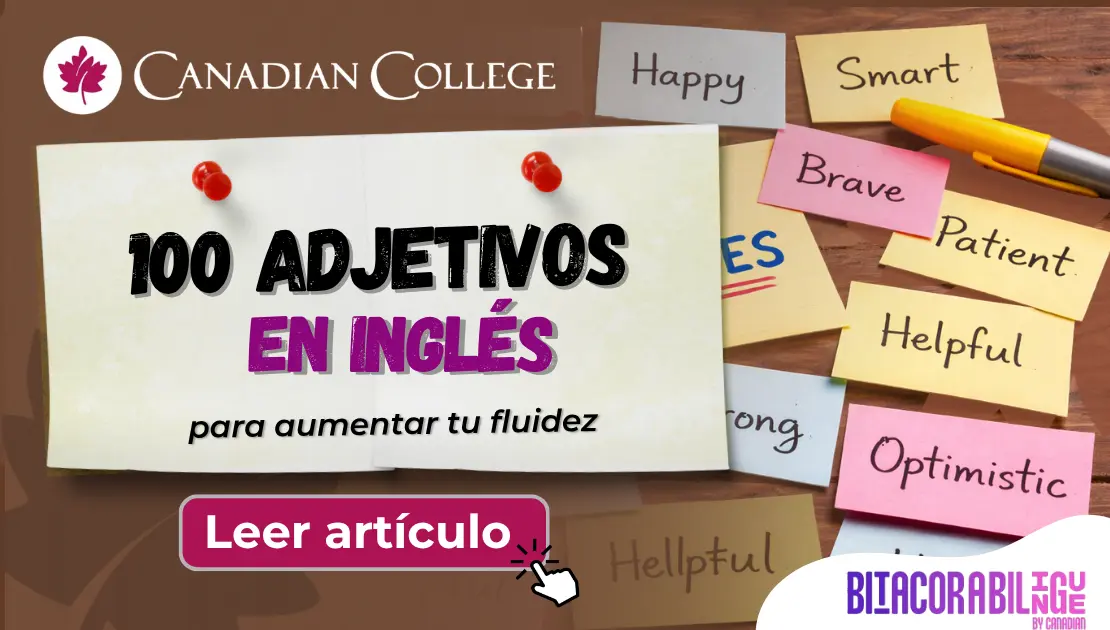 Banner con notas adhesivas con palabras como Happy, Smart y Brave sobre una mesa, junto al texto "100 ADJETIVOS EN INGLÉS para aumentar tu fluidez".