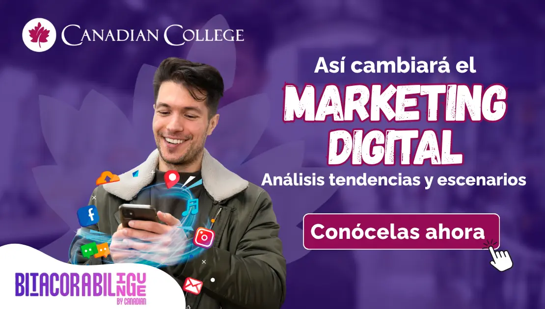 Banner con un hombre sonriendo mientras usa su celular rodeado de iconos de redes sociales flotantes, junto al texto "Así cambiará el MARKETING DIGITAL".
