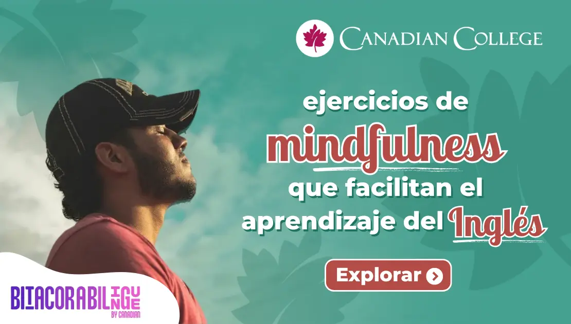 Banner con hombre con gorra respirando con los ojos cerrados bajo un cielo despejado, y texto "ejercicios de mindfulness que facilitan el aprendizaje del Inglés"