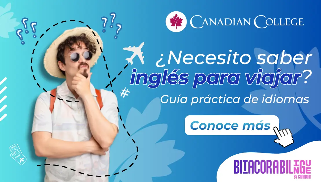 Banner de un turista con sombrero y gafas de sol pensando, rodeado de signos de interrogación y el texto "¿Necesito saber inglés para viajar?"