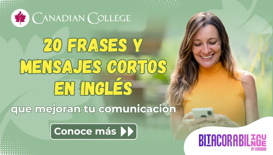 Banner de una mujer sonriente mirando su celular, al lado del texto "20 FRASES Y MENSAJES CORTOS EN INGLÉS" en letras amarillas