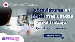 Banner de una mujer de espaldas sosteniendo un documento frente a una laptop en videollamada, junto al texto "Abreviaturas en inglés más usadas en el trabajo."