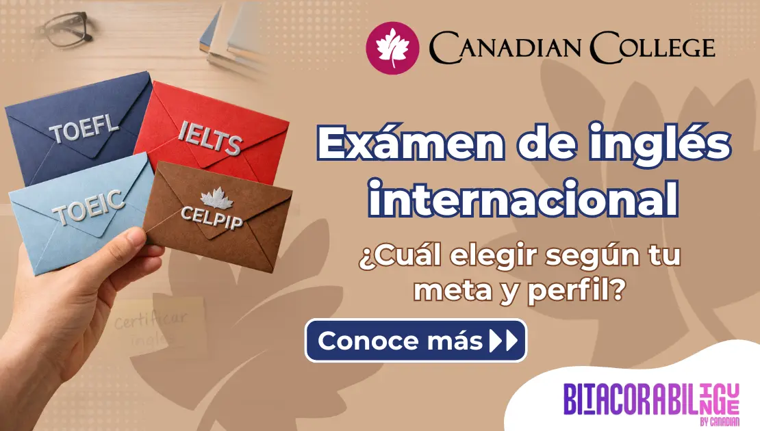 Banner de una mano sosteniendo cuatro sobres marcados con TOEFL, IELTS, TOEIC y CELPIP, junto al texto "Exámen de inglés internacional."