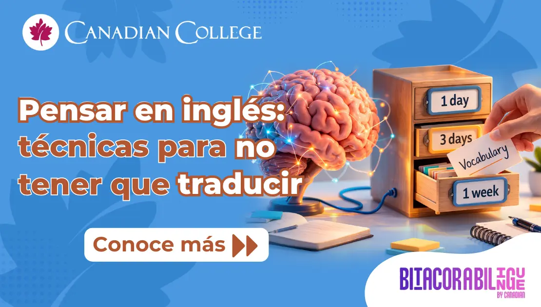 Banner con un modelo de cerebro conectado a un archivo con tiempos de repetición y el texto "Pensar en inglés: técnicas para no tener que traducir."