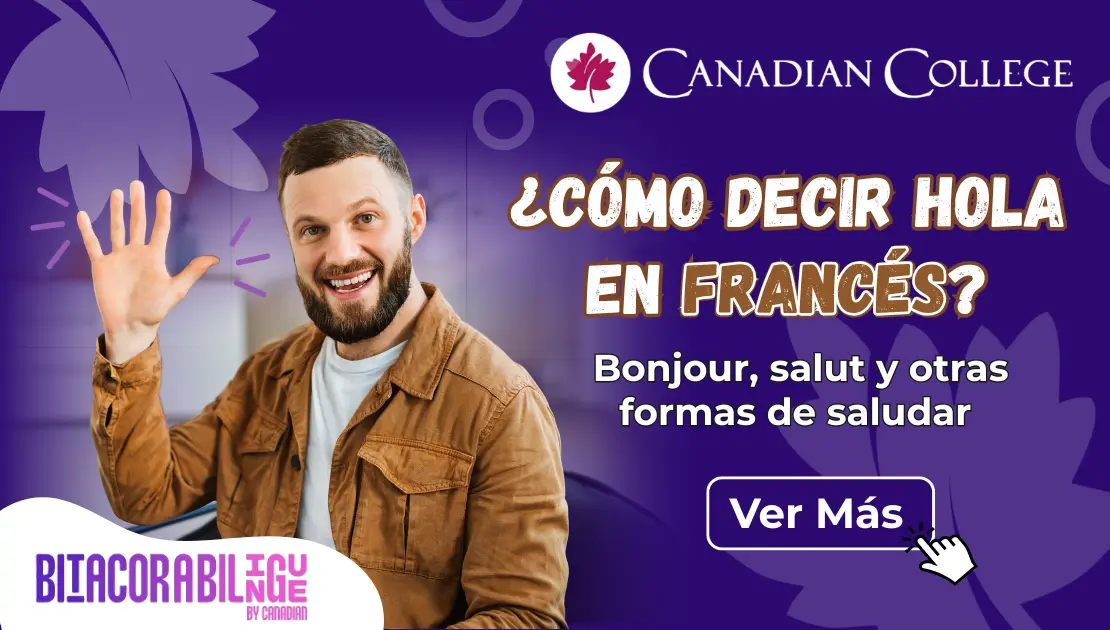 Banner de un hombre saluda con la mano junto al texto "¿Cómo decir hola en francés? bonjour, salut y otras formas de saludar"