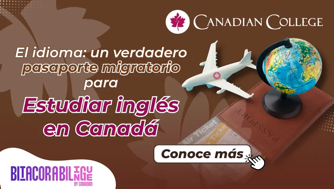 Banner de un avión, un mapamundi y un pasaporte junto al texto "El idioma: un verdadero pasaporte migratorio para estudiar inglés en Canadá."