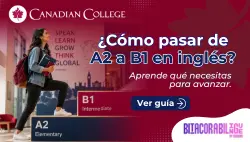 Banner con un estudiante subiendo escalones marcados como A2 y B1 junto al texto destacado "¿Cómo pasar de A2 a B1 en inglés?" en fondo rojo.