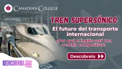 Banner con un tren de alta velocidad en una estación al lado del texto "TREN SUPERSÓNICO El futuro del transporte internacional"