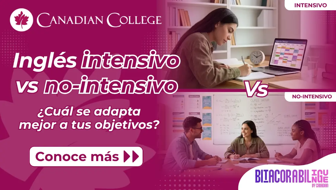 Banner con una alumna estudiando con laptop y un grupo en clase junto al texto "Inglés intensivo vs no-intensivo ¿Cuál se adapta mejor?"