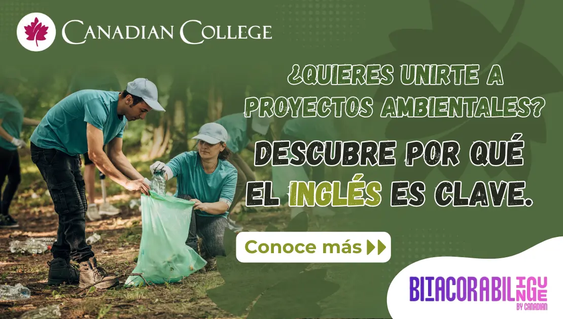 Banner de personas recogiendo plástico en un bosque junto al texto "¿QUIERES UNIRTE A PROYECTOS AMBIENTALES? DESCUBRE POR QUÉ EL INGLÉS ES CLAVE."
