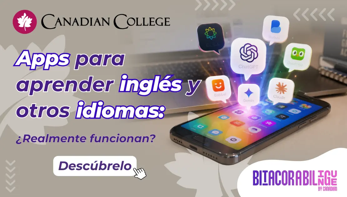 Un smartphone con íconos flotantes de apps de IA e idiomas junto al texto Apps para aprender inglés y otros idiomas: ¿Funcionan?