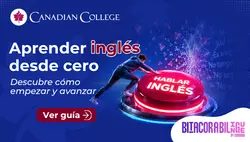 Hombre presionando un botón rojo que dice Hablar Inglés junto al texto Aprender inglés desde cero: Descubre cómo empezar y avanzar.