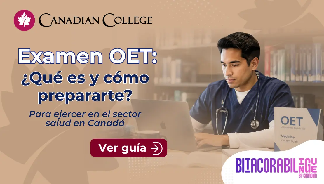 Banner con un médico con estetoscopio usando una laptop junto a un libro OET y el texto "Examen OET: ¿Qué es y cómo prepararte?"
