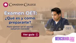 Banner con un médico con estetoscopio usando una laptop junto a un libro OET y el texto "Examen OET: ¿Qué es y cómo prepararte?"