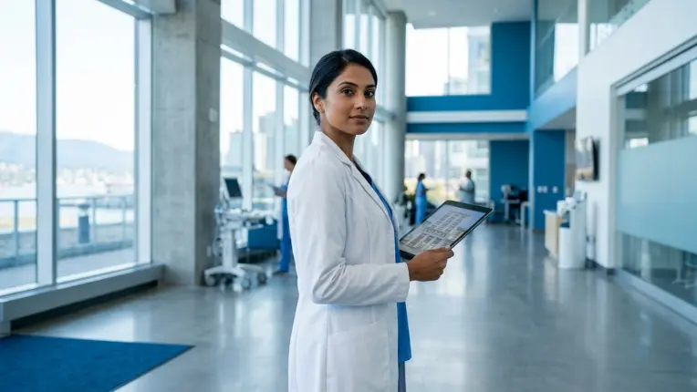 Doctora con bata blanca sosteniendo una tablet en un hospital, representando la preparación para el examen OET de salud.