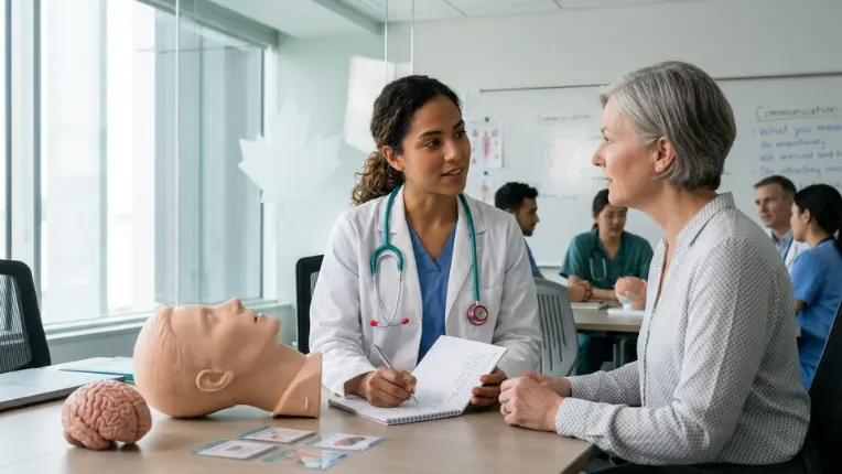 Médica conversando y tomando notas con una paciente, simulando la prueba de comunicación oral del examen OET de salud.