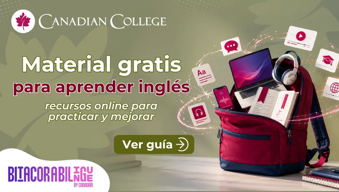 Banner con una mochila roja con laptop, audífonos e íconos flotantes junto al texto "Material gratis para aprender inglés: recursos online."