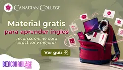 Banner con una mochila roja con laptop, audífonos e íconos flotantes junto al texto "Material gratis para aprender inglés: recursos online."