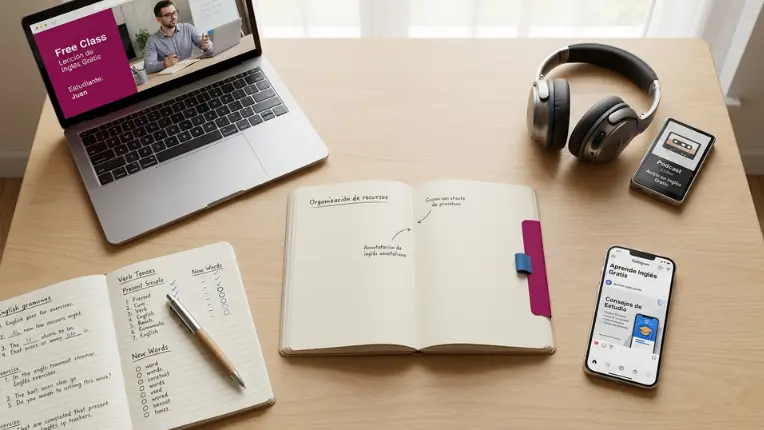 Escritorio con laptop, libretas, celular y audífonos, perfecto para ilustrar material gratis para aprender inglés.