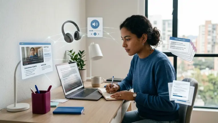Estudiante rodeada de iconos digitales interactivos, representando el uso de material gratis para aprender inglés.